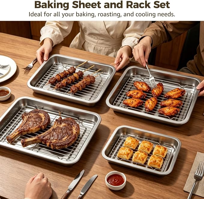 4 Pcs Stainless Steel Baking Sheet with Wire Rack, 10.6 + 12.6 + 14.2 + 15.7 Inch Baking Pans Trays, Dishwasher Safe Bakeware for Cooking, Roasting, Grilling