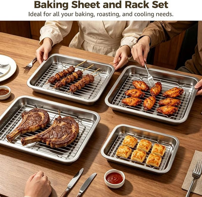 4 Pcs Stainless Steel Baking Sheet with Wire Rack, 10.6 + 12.6 + 14.2 + 15.7 Inch Baking Pans Trays, Dishwasher Safe Bakeware for Cooking, Roasting, Grilling