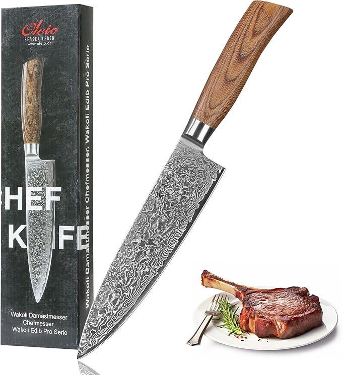 Wakoli EDIB Pro Damascus Chef Knife – Japanese Style Kitchen Knife | 7.9-Inch Genuine Damascus Steel Blade with VG10 Core | Ergonomic Pakkawood Handle | Professional Cooking Tool