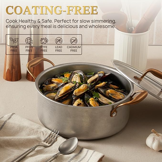 KOKHUB 7-Piece Tri-Ply Stainless Steel Cookware Set, Retro Pot and Pan Set Non Toxic, Kitchen Uncoated Cooking Set with Copper-Plated Handles, Oven & Induction Ready, Dishwasher Safe