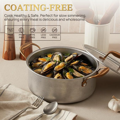 KOKHUB 7-Piece Tri-Ply Stainless Steel Cookware Set, Retro Pot and Pan Set Non Toxic, Kitchen Uncoated Cooking Set with Copper-Plated Handles, Oven & Induction Ready, Dishwasher Safe
