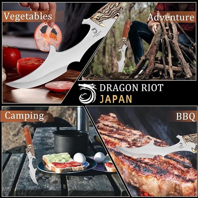 DRAGON RIOT Kitchen Meat Cleaver Knife for Cutting, Professional Butcher Knife Outdoor Kitchen for Meat Cutting Vegetable Slicing - Premium Steel, Leather Sheath, Ideal Gift