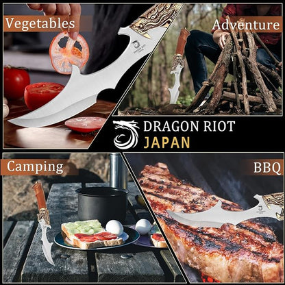 DRAGON RIOT Kitchen Meat Cleaver Knife for Cutting, Professional Butcher Knife Outdoor Kitchen for Meat Cutting Vegetable Slicing - Premium Steel, Leather Sheath, Ideal Gift