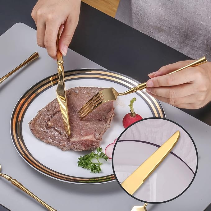 Lemeya 20 Piece Glossy Gold Silverware Set,18/10 Stainless Steel Flatware Set Service for 4,Unique Cutlery Set with Canton Tower Handle,Forks Spoons and Knives Set,Mirror Polished,Dishwasher Safe