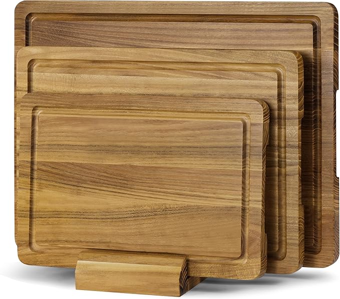 Teak Cutting Board Set for Kitchen, 3 Pack Teak Wood Chopping Boards with Holder & Deep Juice Groove Wooden Hardwood Cutting Board Set for Meat Fish Vegetables Fruits (S, M, L)
