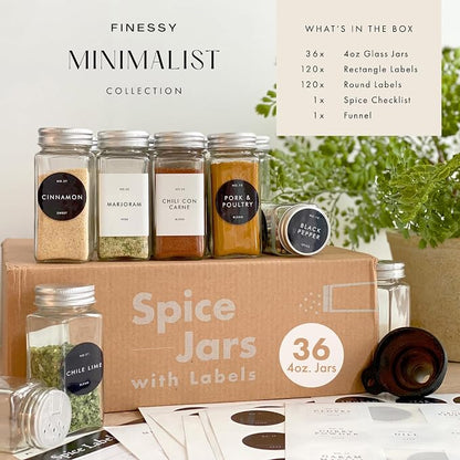 Glass Spice Jars with Labels with Metal Lids and Shakers Minimalist 36 Pack Set, 4oz Small Clear Empty Spice Bottles Seasoning Containers with Label Organizer Square Herb Seasoning Jars for Kitchen