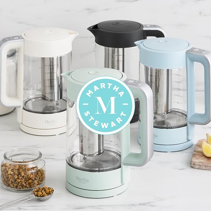 Martha Stewart Electric Kettle with Removable Stainless Steel Tea Infuser, Glass Carafe 1.7L (7 Cups), Hot Water Boiler, 4 Presets, Keep Warm & Auto Shut-Off, Cordless 360° Swivel Base, Linen Cream
