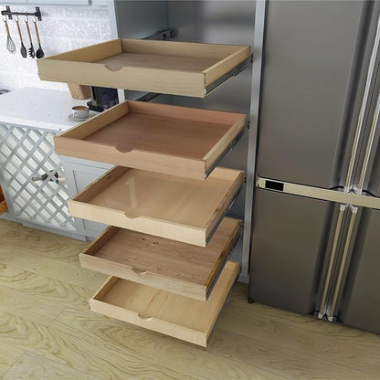 Solid Wood Pull Out Drawer 27" W × 21" D for Kitchen Cabinets, Roll Out Tray with Full Extension Slides, Natural Wood, DIY Assembly
