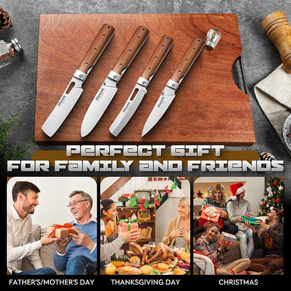 Huusk Folding Chef Knife Set - Including Nakiri, Santoku, Bread and Fruit Knives - EDC Kitchen Knife Set with 440C Stainless Steel Ultra Sharp Blade - Japanese Pocket Knives - Gifts for Men and Women
