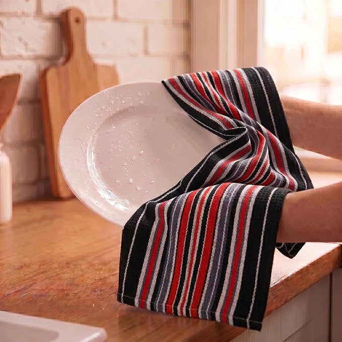 Urban Villa Kitchen Towels Waffle Stripes Dish Towels for Kitchen Black Color Set of 6 Kitchen Towels Highly Absorbent Cotton Over Sized 20X30 in with Mitered Corners Kitchen Hand Tea Towels