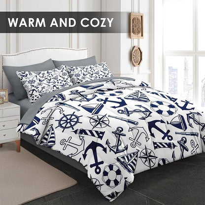 Pamnest Comforter Set King Size, Nautical Anchors Navy Blue 7 Pcs Bedding for Kids and Adults, Retro Sailor Lighthouse Bed Sheet Sets with Fitted Sheet 2 Pillowcase & 2 Sham for Bedroom Bed Decor