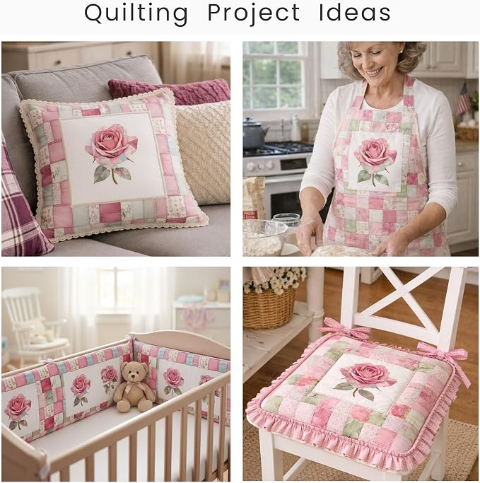 Cotton Fabric Panel – Single Continuous Patchwork Rose Panel, Featuring 6 Printed Design Squares (10" x 10") with Bonus Patchwork Area 29.5" x 19.7", Fabric for Quilting & Sewing