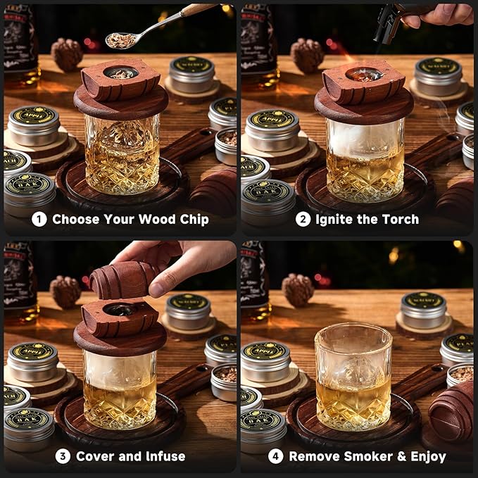 Whiskey Smoker Kit with Torch - 6 Flavors Wood Chips, 2 Glasses, 2 Ice Ball Molds - Cocktail Smoker Infuser Kit, Old Fashioned Drink Smoker Kit, Birthday Bourbon Whiskey Gifts for Men,Dad(NO Butane)