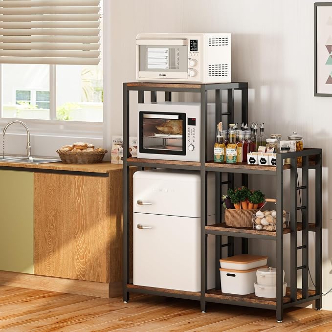 METYERRY 6-Tier Adjustable Mini Fridge Cabinet with Power Outlet,Kitchen Bakers Rack with Storage,Mini Fridge and Microwave Stand,Coffee Bar, Free Standing Shelf for Kitchen, Home Office,Rustic Brown
