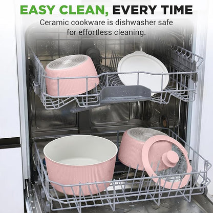 NutriChef 18-Piece Ceramic Cookware Set with Detachable Handles, Non Stick Pots and Pans, PTFE-Free Natural Ceramic Coating, Space-Saving Design, Oven & Stove Safe, Includes Utensils, Pink