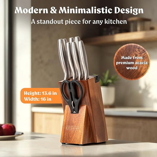 EDELHAUS Knife Set with Block, 9 pcs Kitchen Knife Block Set | Professional Knife Block with Sharpener & Scissors, Stainless Steel Kitchen Knife Set with Acacia Wood Block & Steel Handles