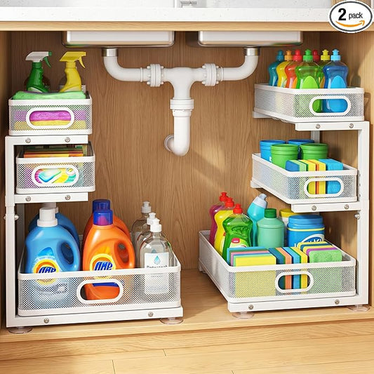 Under Sink Organizer, 3 Tier Pull Out Cabinet Organizer with 5 Adjustable Heights, Metal Under Sink Storage with Sliding Drawers for Kitchen, Bathroom, Pantry and Laundry Room, 2-Pack White