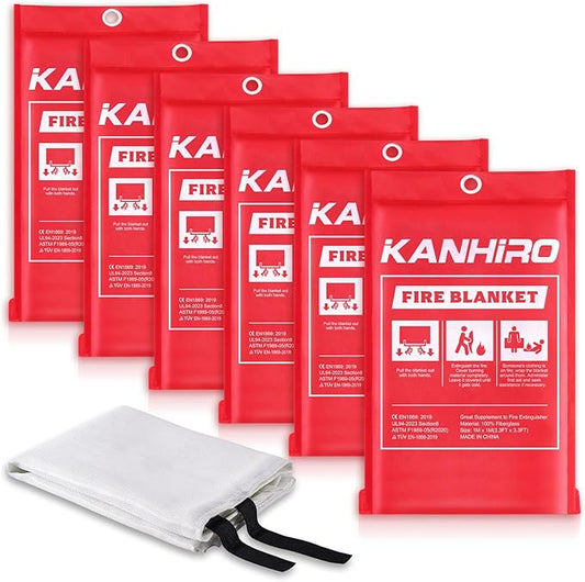 kanhiro Fire Blanket Emergency for Home Kitchen - Fiberglass Fire Suppression Blanket Great for School, Fireplace, Grill, Car, Office, Warehouse (6 Pack, 39 in X 39 in)