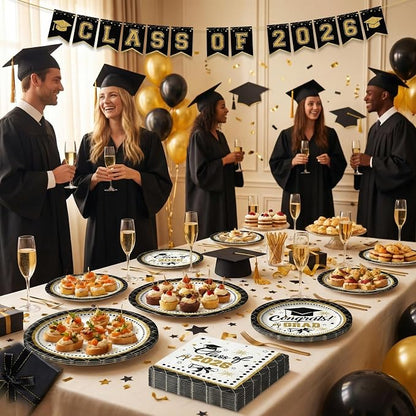 Dereinwo 100 PCS Graduation Paper Plates and Napkins | Bundle Includes Paper Oval Dinner Plates Dessert Plates and Napkins for Graduation Party Supplies