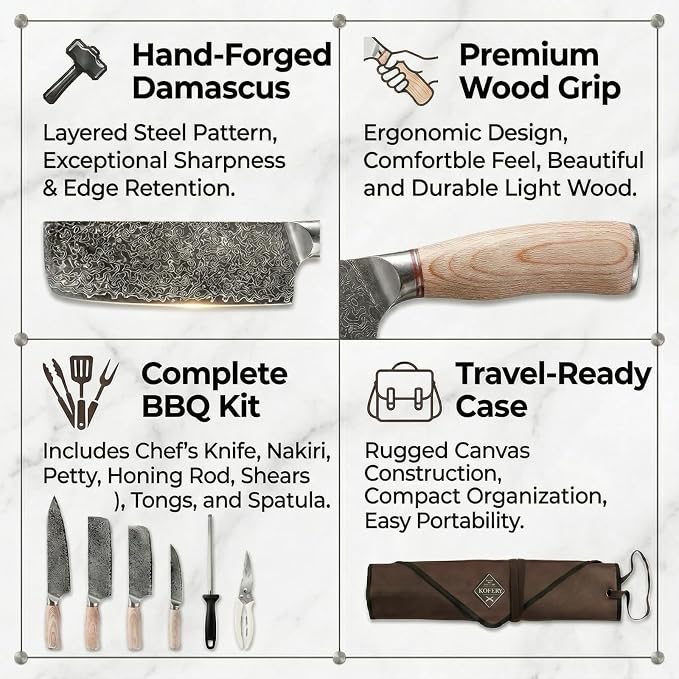 KOFERY Hand Forged Damascus Steel Butcher Knife Set with Wood Handles, Sharpener & Shears in Knife Roll for Meat Cutting, BBQ Grilling, Outdoor Camping, Pit Master Gifts for Men