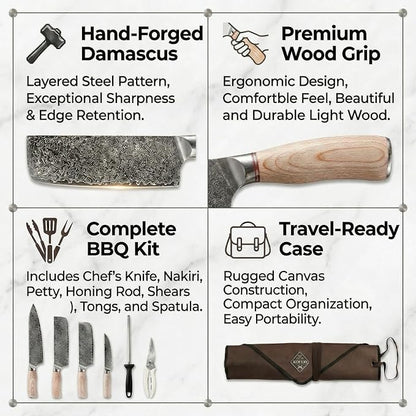 KOFERY Hand Forged Damascus Steel Butcher Knife Set with Wood Handles, Sharpener & Shears in Knife Roll for Meat Cutting, BBQ Grilling, Outdoor Camping, Pit Master Gifts for Men