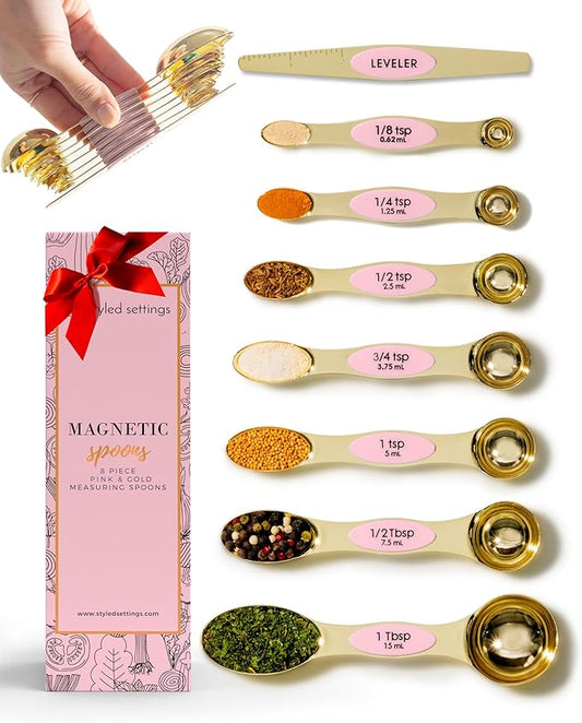 Pink Magnetic Measuring Spoons Set - 8-Piece Dual-Sided Stainless Steel Spoons, Stackable and Spice Jar Friendly – Stylish Pink Kitchen Accessories for Cooking and Baking