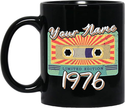 Personalized Vintage Cassette Tape Vintage 1976 Mug, Custom Your Name, 1976 Retro Coffee Mug, 46th Birthday Present Gifts, 1976 Birthday Gift For Friends Family, Customizable Black Tea Cups