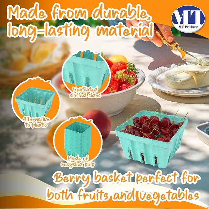 MT Products Green Berry Basket 1 Quart - Molded Pulp Fiber Vented Produce Basket (Pack of 15) - Made in the USA