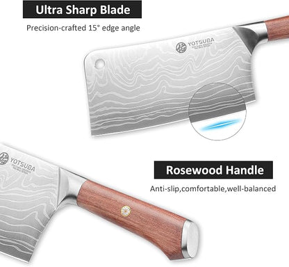 YOTSUBA 7 Inch Cleaver Knife-Ergonomic Rosewood Full Tang Handle, Ultra Sharp High Carbon German Steel Chopping Knife for Meat Vegetable, Gift Box for Home Cooks & Cooking Lovers
