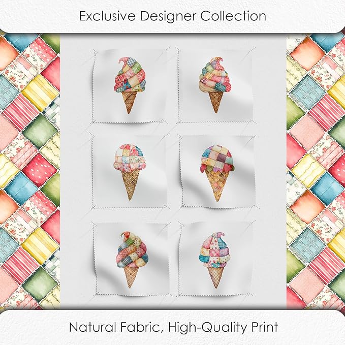 Patchwork Ice Cream Cotton Fabric Panel – 6 Designs (10×10 inch Each) + Bonus Sheet 29.5×19.6 inch, 100% Cotton 140 GSM, Made in Türkiye