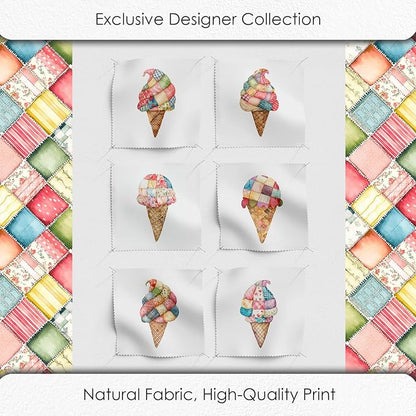 Patchwork Ice Cream Cotton Fabric Panel – 6 Designs (10×10 inch Each) + Bonus Sheet 29.5×19.6 inch, 100% Cotton 140 GSM, Made in Türkiye