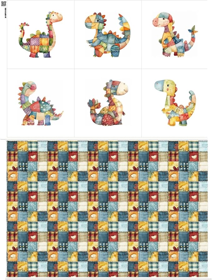 Patchwork Dinosaur Cotton Fabric Panel – 6 Designs (10×10 inch Each) + Bonus Sheet 29.5×19.6 inch, 100% Cotton 140 GSM, Made in Türkiye