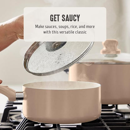 GreenLife 2 Quart Nonstick Saucepan with Lid, Non-Toxic Ceramic Pot, Dishwasher Safe, Stay-Cool Handle, Induction Ready, Fast Heating, PFAS Free, Easy Clean, Beige Taupe