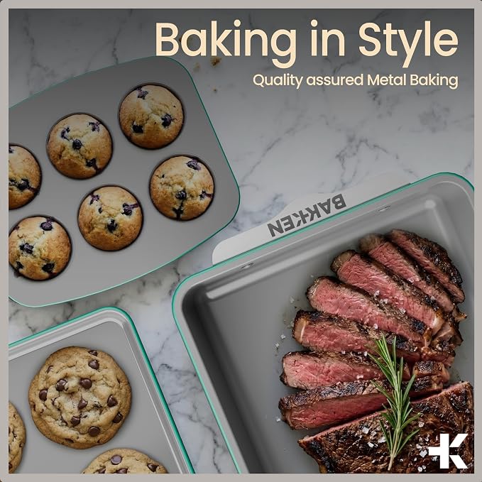 Bakken 8-Piece Stackable Bakeware Set – Ceramic Non-Stick, Oven-Safe Baking Sheets & Pans, PTFE/PFOA/PFOS-Free, Ergonomic Handles, Includes Cooling Rack – Healthy, Non-Toxic Baking Essentials