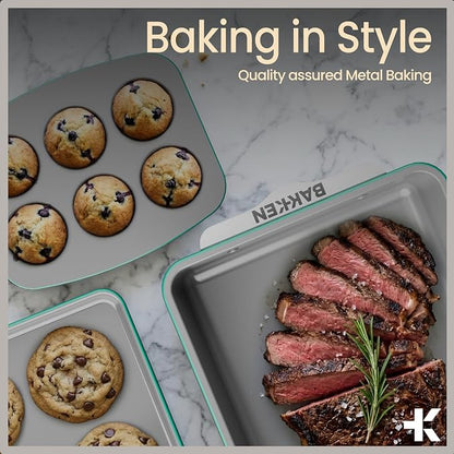 Bakken 8-Piece Stackable Bakeware Set – Ceramic Non-Stick, Oven-Safe Baking Sheets & Pans, PTFE/PFOA/PFOS-Free, Ergonomic Handles, Includes Cooling Rack – Healthy, Non-Toxic Baking Essentials