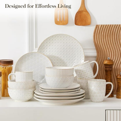 MALACASA 16 Pieces Dinnerware Sets, Modern Relief Design Plates and Bowls Sets, White Dish Set for 4, Kitchen Ceramic Dinner Plates Dishware Set, Microwave and Dishwasher Safe, Series LYDIA