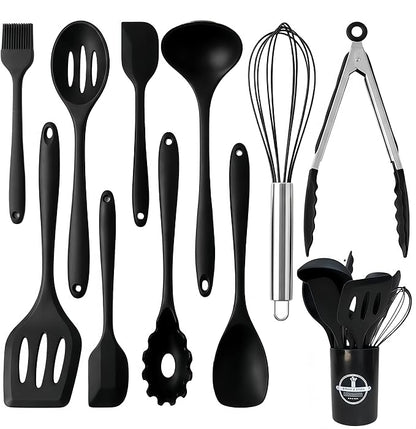 Silicone Kitchen Utensils Set,10 PCS Cooking Kitchen Utensils Set, Nonstick Kitchen Utensils 446°F Heat-Resistant Cookware Kitchen Tools of Spoon,Brush,Whisk,Spatula,Turner Tongs(Black)