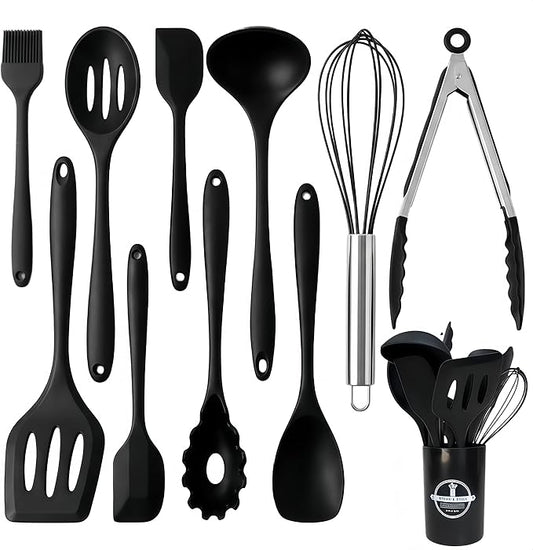 Silicone Kitchen Utensils Set,10 PCS Cooking Kitchen Utensils Set, Nonstick Kitchen Utensils 446°F Heat-Resistant Cookware Kitchen Tools of Spoon,Brush,Whisk,Spatula,Turner Tongs(Black)