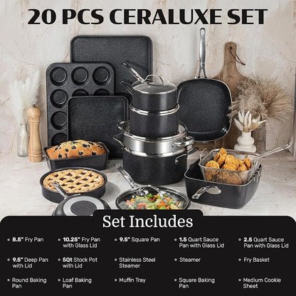 Granitestone Ceraluxe 20 Pc Ceramic Cookware Set Nonstick, Complete Pots and Pans Set Non Stick with 5 Pc Bakeware Set, Deep Frying Pan Set, & Steamer, Non Toxic PFOA Free, Oven & Dishwasher Safe