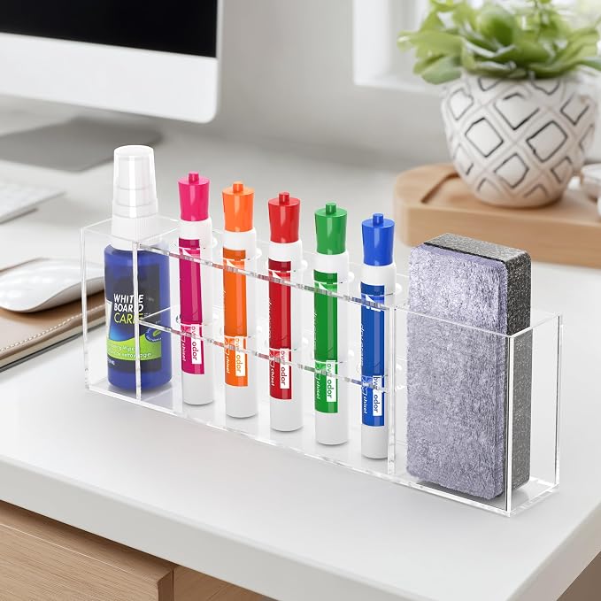 HBlife Acrylic Magnetic Dry Erase Marker Holder for Whiteboard, Wall Mount 5 Slots Magnet Pen Pencil Holder for Fridge Refrigerator, Locker Organizer Accessories for School Classroom Office, Clear