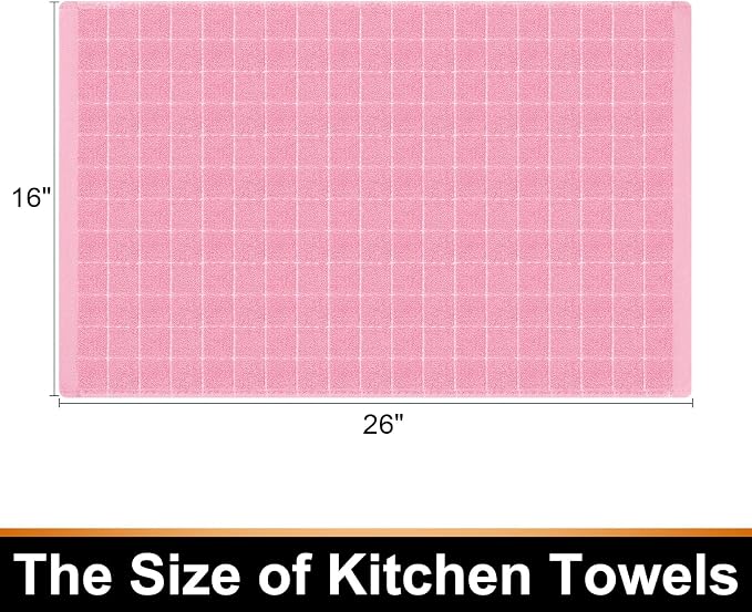 Mordimy 100% Cotton Terry Cloth Kitchen Towels, Super Soft and Absorbent Dish Towels for Drying, Checkered Designed Hand Towels for Kitchen, 16 x 26 Inches, 8 Pack, Pink