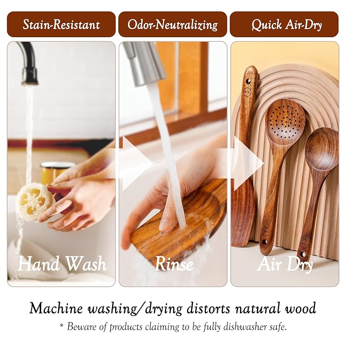 SOOMGYEOL SEOM 9-Piece Teak Wood Cooking Utensil Set with Holder | Wooden Spoons and Spatulas, Countertop Organizer, Heat Resistant, Kitchen Tools