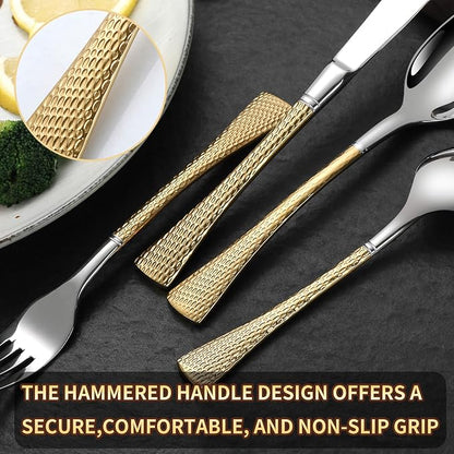 Lemeya Hammered Silver Gold Silverware Set,30 Piece Modern Flatware Set Service for 6,Mirror Polished Stainless Steel Cutlery Set Utensil Set,Kitchen Knives Forks Spoons Set,Dishwasher Safe