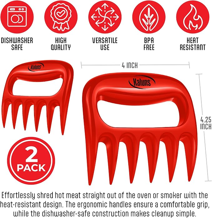 Kaluns Meat Claws, Best Meat and Pulled Pork Shredder - Easily Lift, Handle, Pull, Cut, and Shred Meat - Ultra-Sharp Plastic Blades - Heat Resistant, BPA Free, Dishwasher Safe (Red)