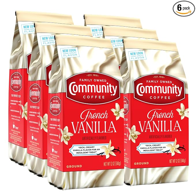 Community Coffee French Vanilla Flavored 72 Ounces, Medium Roast Ground Coffee, 12 Ounce Bag (Pack of 6)