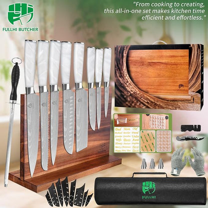 FULLHI 15pcs Japanese Knife Set with Magnetic Knife Block Holder, Stainless Steel Blades, White Resin Ergonomic Handles for Professional and Home Cooking
