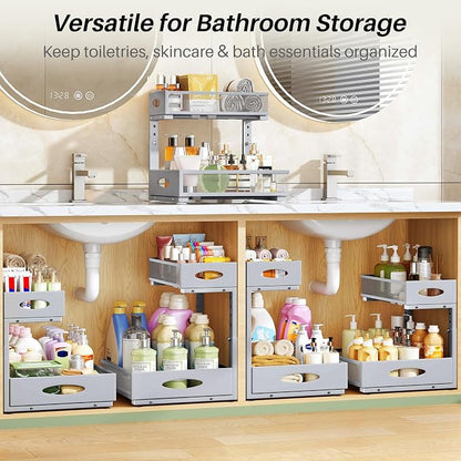 Under Sink Organizer, 1-Pack Pull Out Cabinet Organizer 2 Tier Metal Slide Out Storage Shelf Rack, L-Shaped Adjustable Height,Mesh Sliding Drawer for Kitchen, Bathroom, Laundry, Pantry, Grey, XL