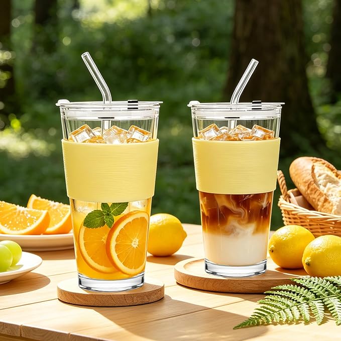 Birity 16oz Glass Cups with Lids and Straws,Glass tumbler With Straw and Lid-Reusable Iced Coffee Cups for Tea, Juice, Smoothies, Mason Jar Drinking Cup for Hot/Cold Drinks at Home,Office,Travel
