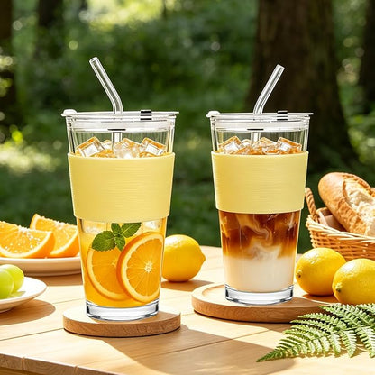 Birity 16oz Glass Cup with Lid and Glass Straw,Set of 2 Thickened Glass Coffee Tumblers with Silicone Sleeve,Reusable Iced Coffee Cups for Smoothie、Soda Water、Juice、MilkSshake、Travel Cup