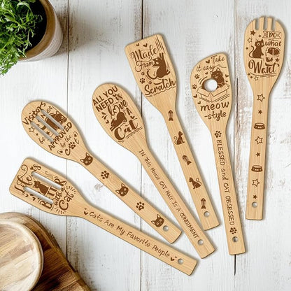 CUTHOLLOW 6PCS Cartoon Cats Wooden Kitchen Cooking Utensil Set, 11.9in Non Toxic Bamboo Wood Spoon Set for Cooking, Best Housewarming Birthday Thanksgiving Christmas Gift for Women Mother